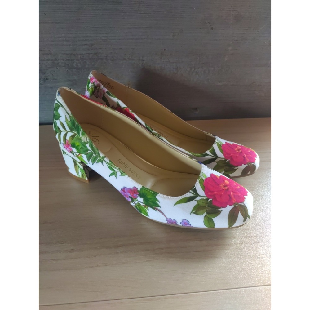 Nine West Genoa White Multicolor Vibrant Floral Block Heels Size 7.5M